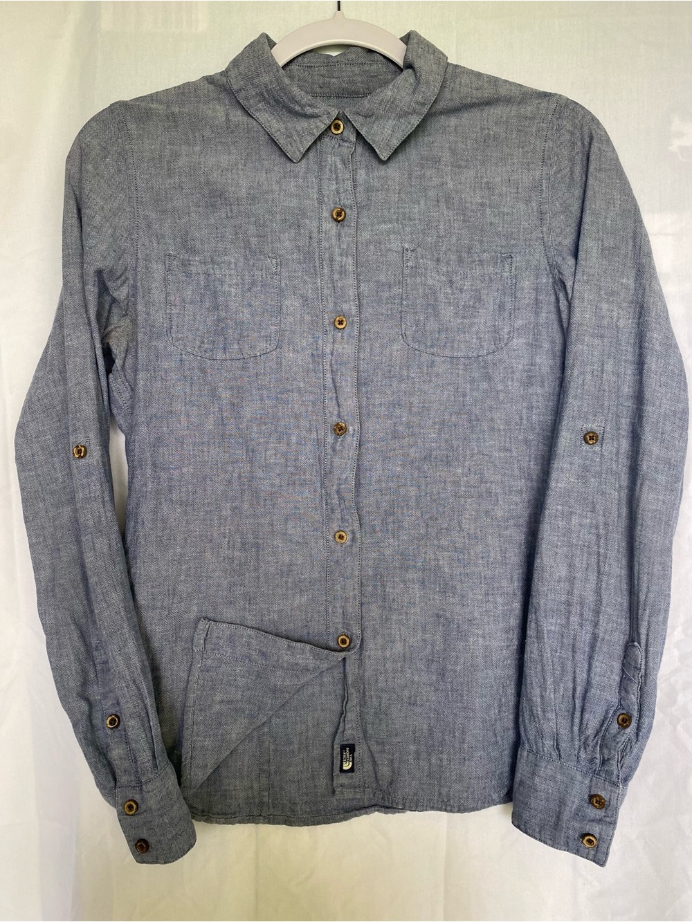 The North Face Women Medium Denim Cotton Button-Up Long Sleeve Shirt Pockets